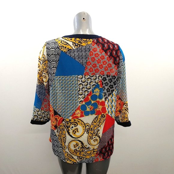 Annalee & Hope Women's V Neck Sheer Blouse Size Large Multicolored Patterned 3/4 - Picture 3 of 4